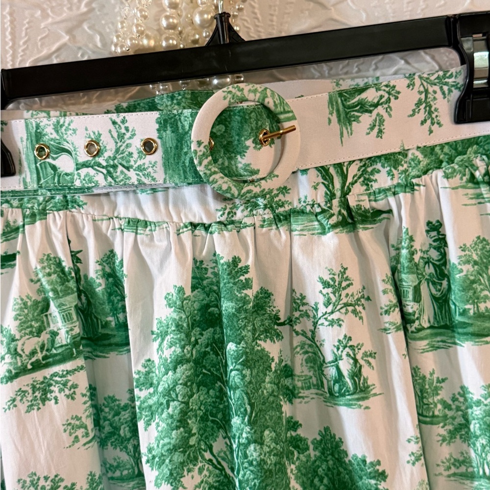 PRICE ⬇️ Green Toile Print Midi Skirt with Matching Belt - Picture 3 of 5